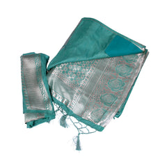 Teal Silk Saree with Silver Zari Floral Border