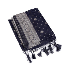 Navy Blue Silk Saree with Traditional Silver Zari Border