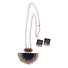Indigo Fabric Jewelry Set - Pearl Kundan