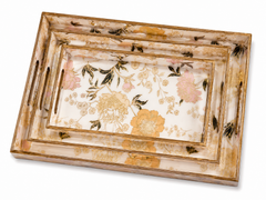 Blush Golden Bloom Rectangular Wooden Nesting Serving Tray Set | 3-Piece