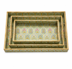 Gold Blossom Trellis Rectangular Wooden Nesting Serving Tray Set | 3-Piece