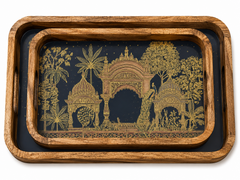 Midnight Peacock Palace Garden Wooden Nesting Serving Tray Set of 2