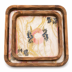 Blush Marble Bloom Square Wooden Nesting Serving Tray Set of 2