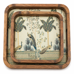 Royal Peacock Palm Square Wooden Nesting Serving Tray Set of 2