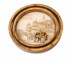 Royal Elephant Palace Round Wooden Nesting Serving Tray Set of 2