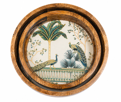 Royal Peacock Oasis Round Wooden Nesting Serving Tray Set of 2