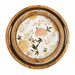 Blush Bloom Botanical Round Wooden Nesting Serving Tray Set of 2