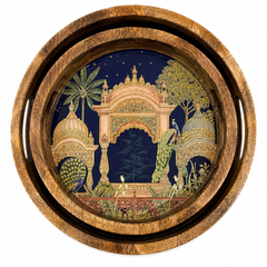 Midnight Peacock Palace Round Wooden Nesting Serving Tray Set of 2