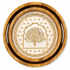 Golden Tree of Life Round Wooden Nesting Serving Tray Set of 2