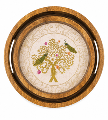 Golden Peacock Tree Round Wooden Nesting Serving Tray Set of 2