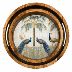 Royal Peacock Palm Round Wooden Nesting Serving Tray Set of 2