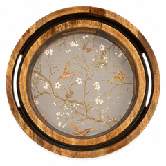 Golden Blossom Birdsong Round Wooden Nesting Serving Tray Set of 2