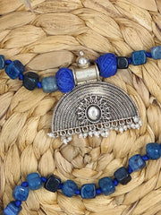 Blue Stone Semi-circular Pendant Necklace