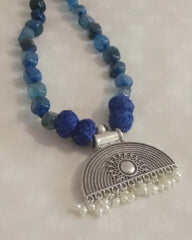 Blue Stone Semi-circular Pendant Necklace