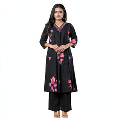 Elegant Black Pink Floral Kurta Set
