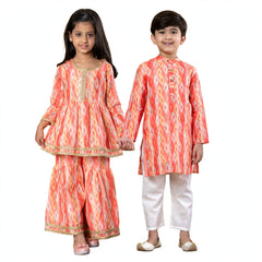 Coral Harmony Sibling Twinning Set Ethnic Ikat-Inspired Kurta & Sharara Combo