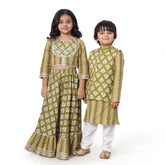 Sibling Twinning Set Olive Green Ethnic Kurta & Gharara Set for Girls and Boy