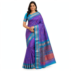 Teal & Purple Silk Saree with Zari Border