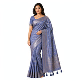 Steel Blue Silk Saree with Silver Zari Border