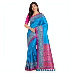 Turquoise Silk Saree with Pink Woven Border