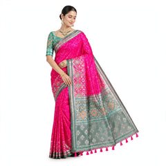 Dual Tone Pink & Green Silk Saree with Geometric Weave