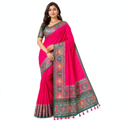 Pink Silk Saree with Green Border