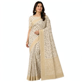 Elegant Cream Chiffon Saree with Black Floral Design & Gold Border