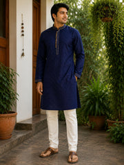 Blue Kurta with golden resham dots