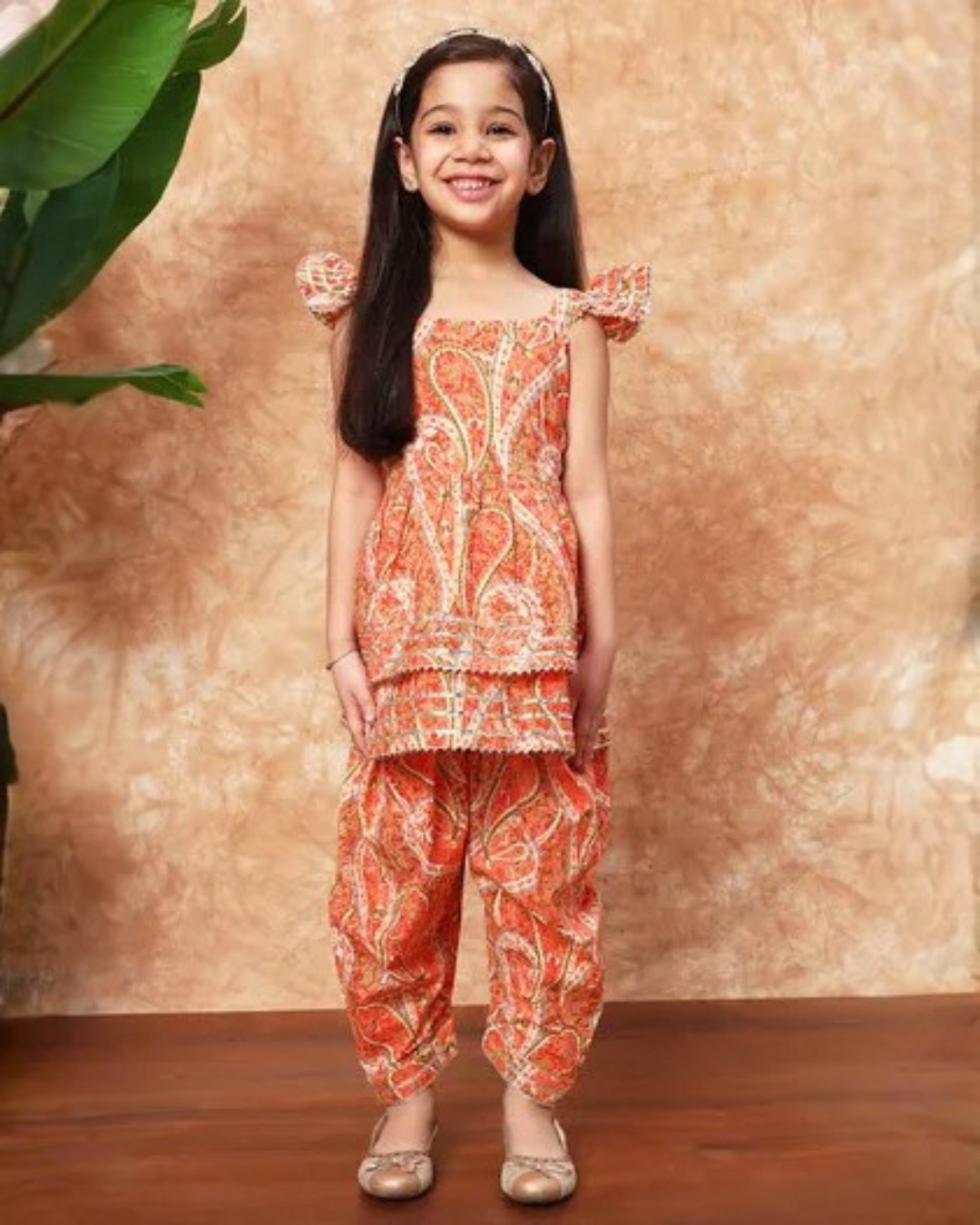 Orange Bandhani-Style Dhoti Set – Sleeveless Top with Bow Straps