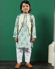 Light Blue Printed Kurta with White Pyjama & Embroidered Nehru Jacket Set