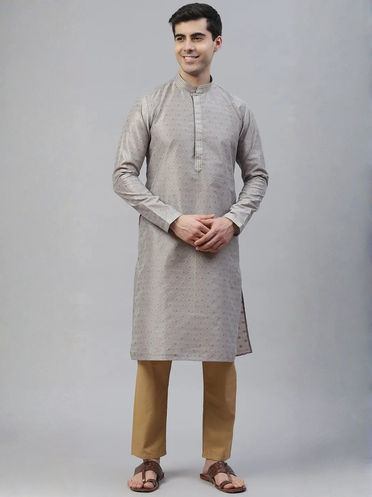 Classic Grey Gold Pattern Kurta set for Men