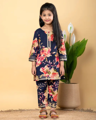 Navy Blue Kurta with Bright Pink Flower and Straight Fit Pants