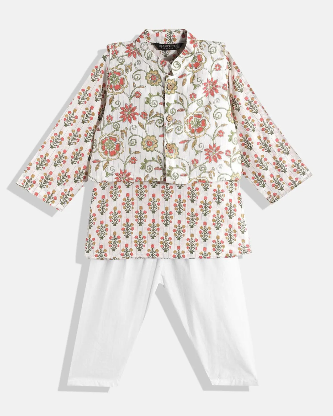 Floral Printed Kurta with Cream Pyjama & Ethnic Nehru Jacket Set