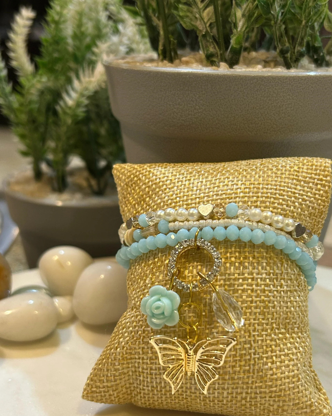 Bohemian Stackable Multilayer Bracelet, White Pearls Charm Butterfly Beaded Bracelet