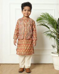 Ethnic Kurta Pyjama Set with Printed Nehru Jacket Brown
