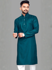 Blue Blended Cotton Kurta with Silver Thread Work