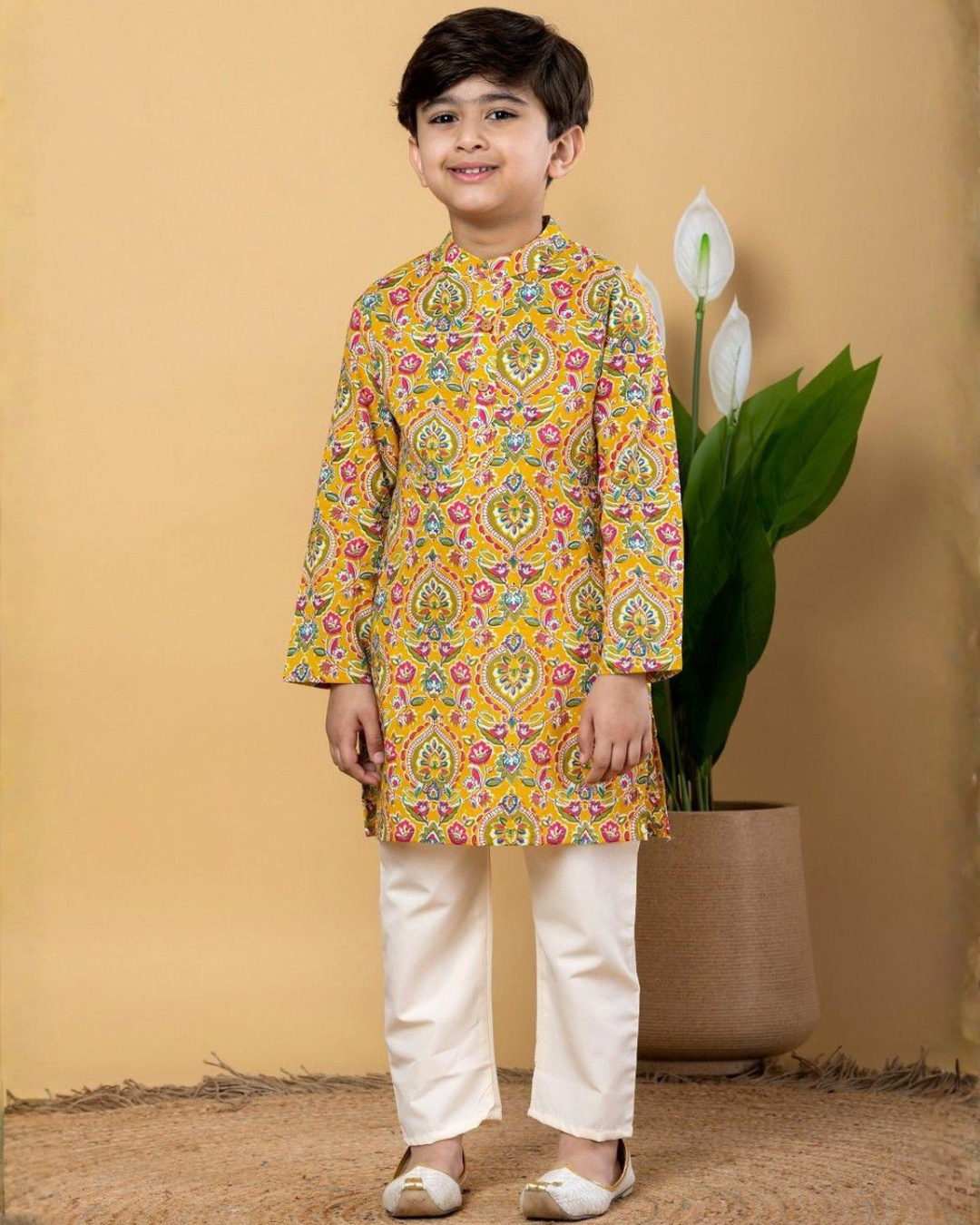 Cotton Yellow Floral Print Kurta with Off White Pants