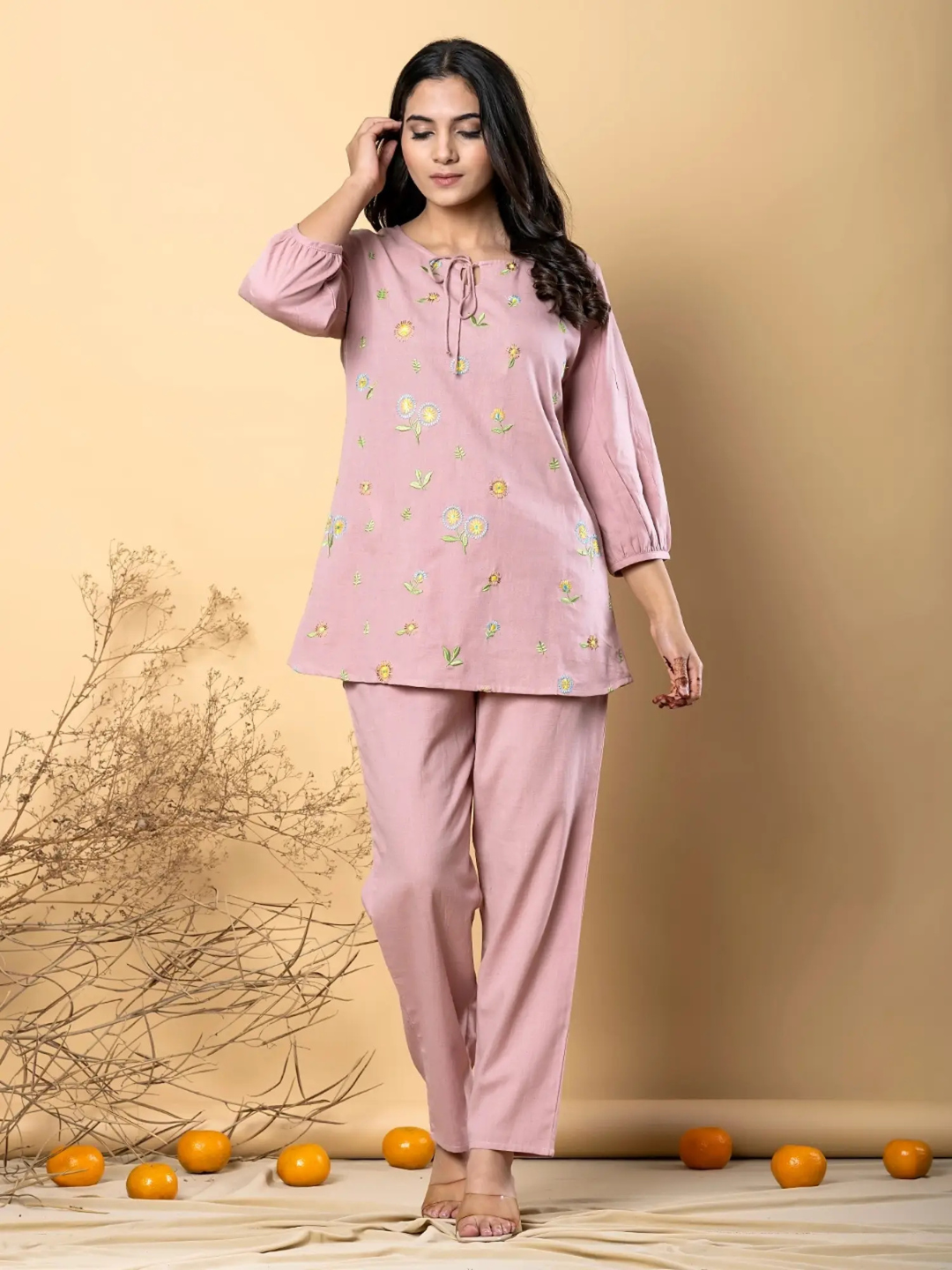 Pink-Magenta Cotton Coord with Emboridery Work