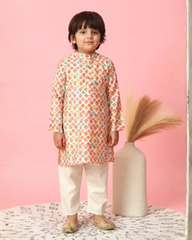 Cotton Silk Floral Print with Gold Emboss Kurta and Off White Pants
