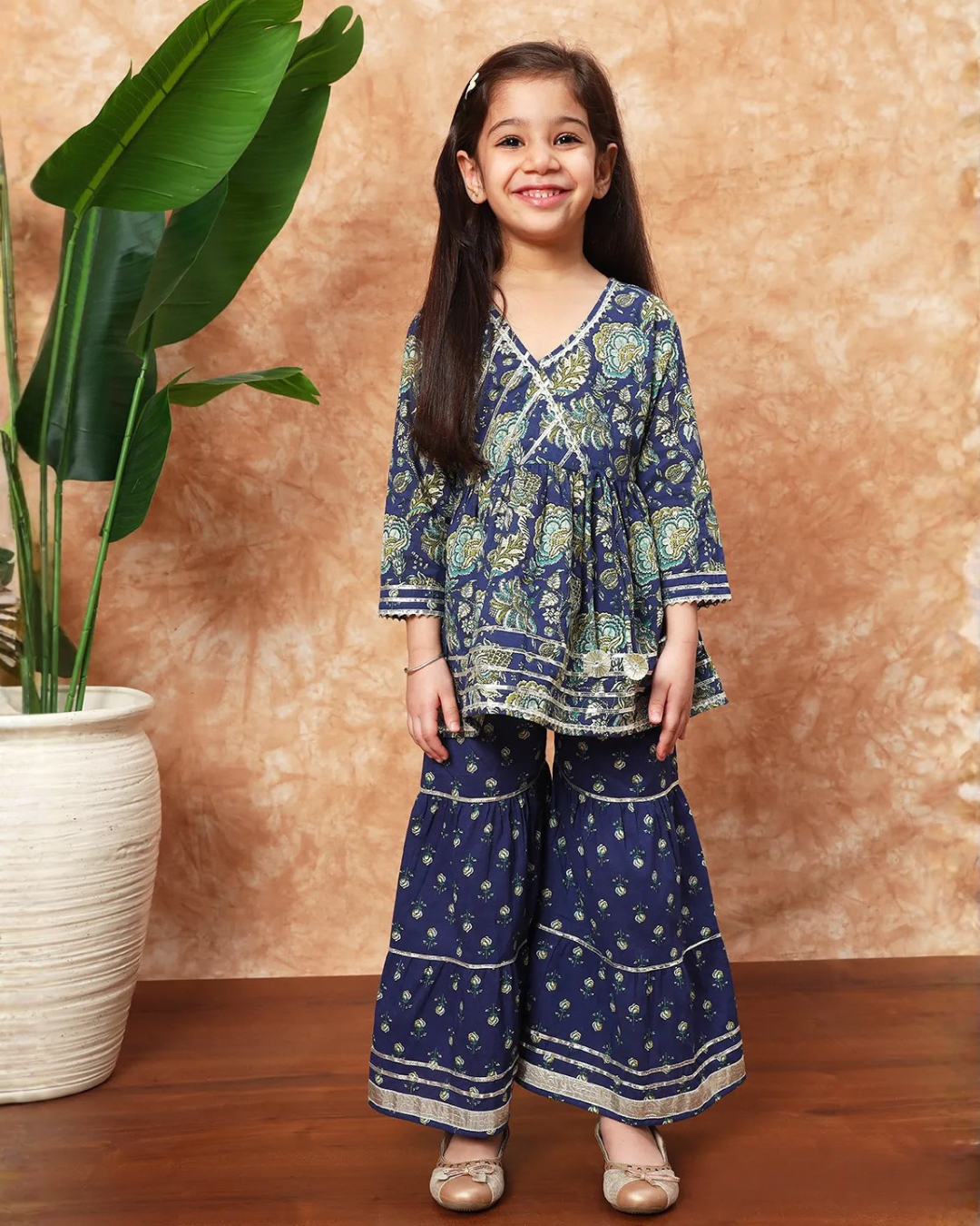 Indigo & Green Wrap Kurta Sharara Set – Traditional Block Print