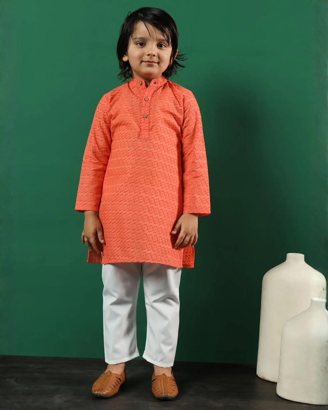 Cotton Orange Self Embroidered Kurta with White Pants