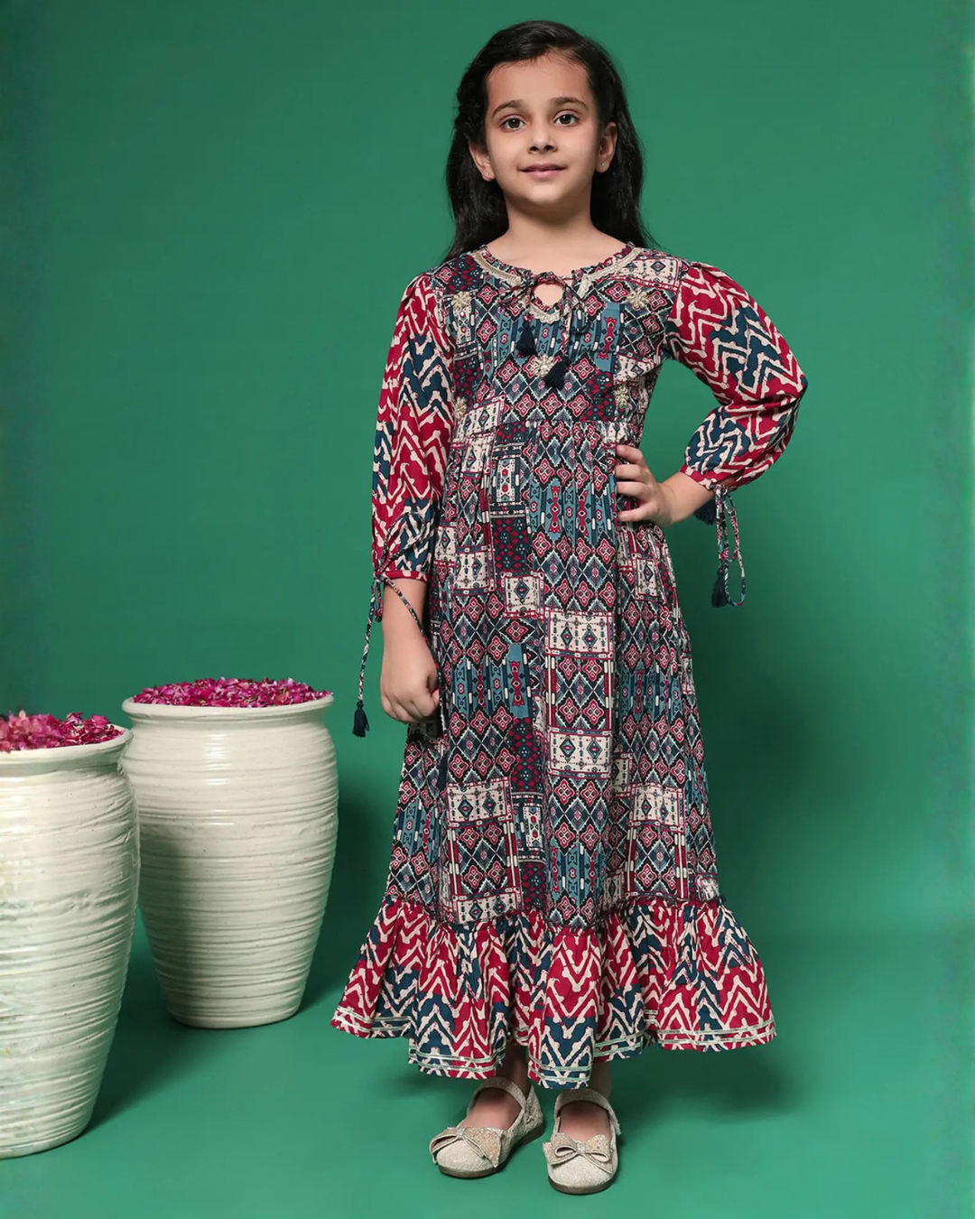 Maroon Teal Printed Cotton Maxi Dress with Tassel Tie Waist