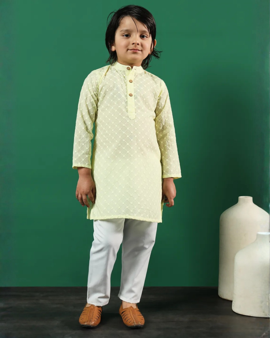 Cotton Chickankari Yellow Kurta with White Pants