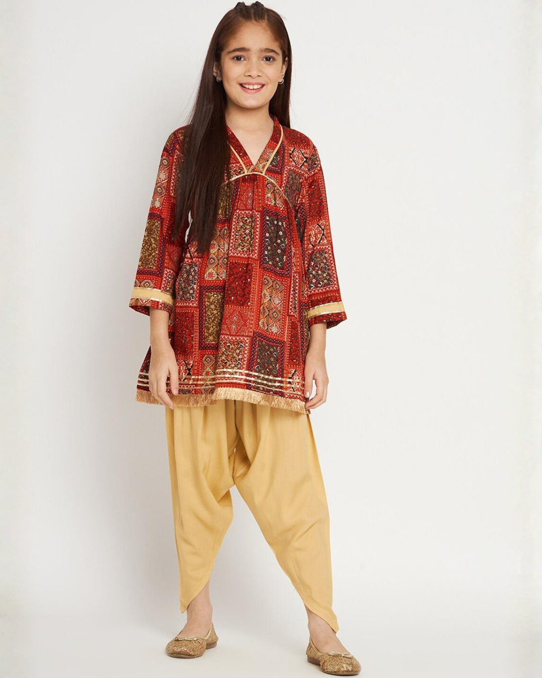 Girls Rust Ethnic Print Kurta and Beige Patiala Set