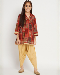Girls Rust Ethnic Print Kurta and Beige Patiala Set