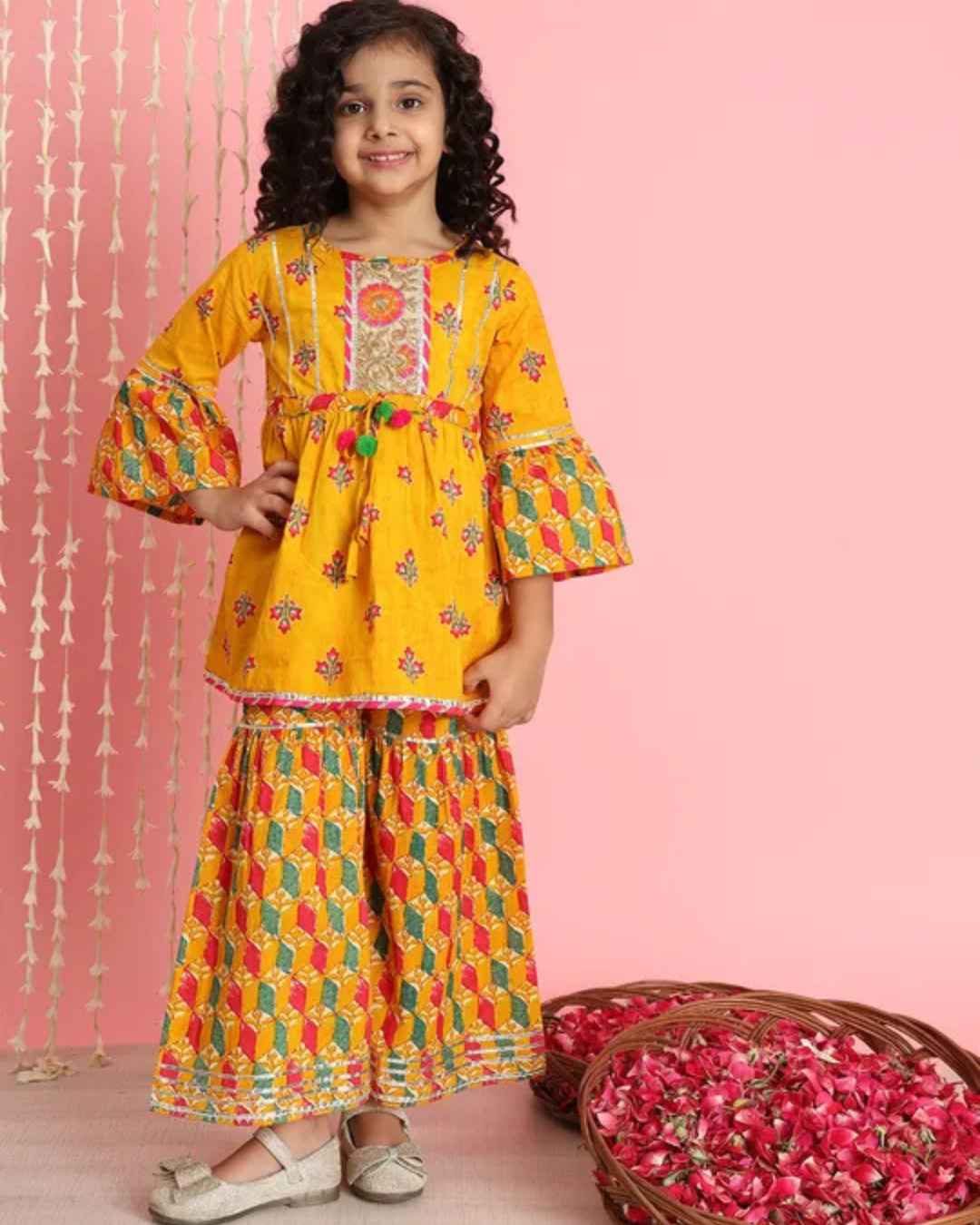 Girls Yellow Floral Printed Top and Sharara Set with Bell Sleeves