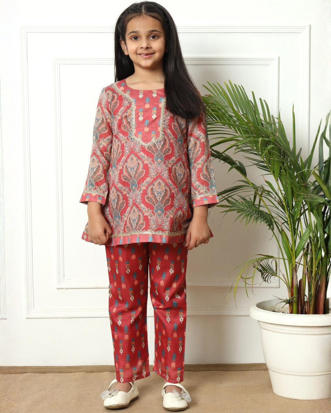 Girls Red & Grey Printed Kurta and Pant Set