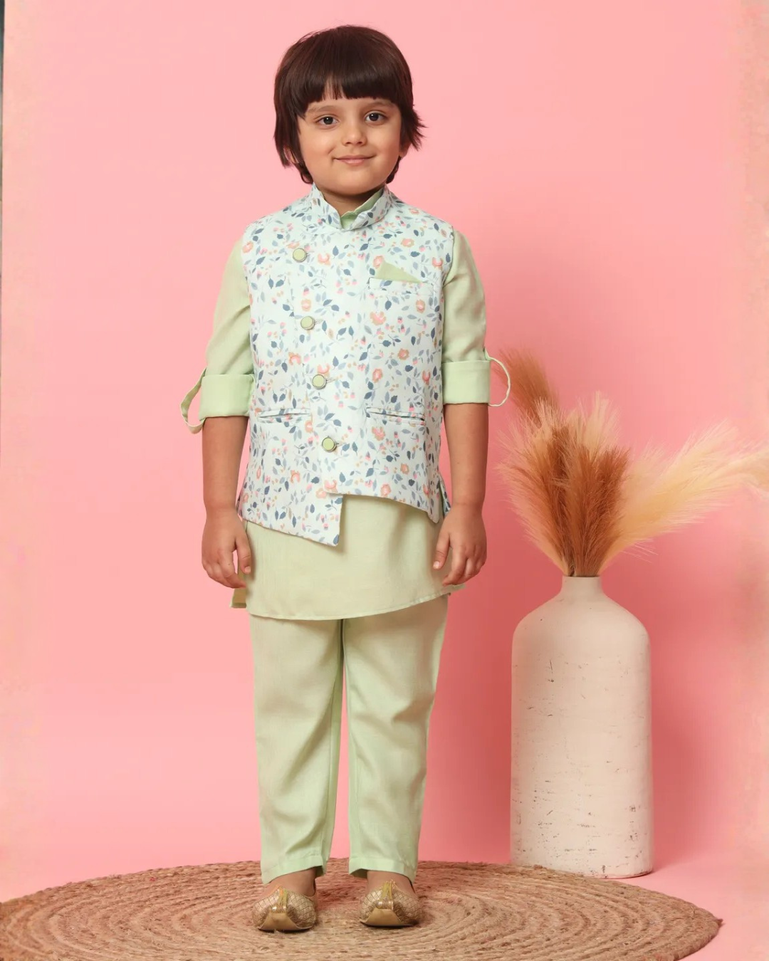 Light Green Kurta with Floral Pista Green Jacket