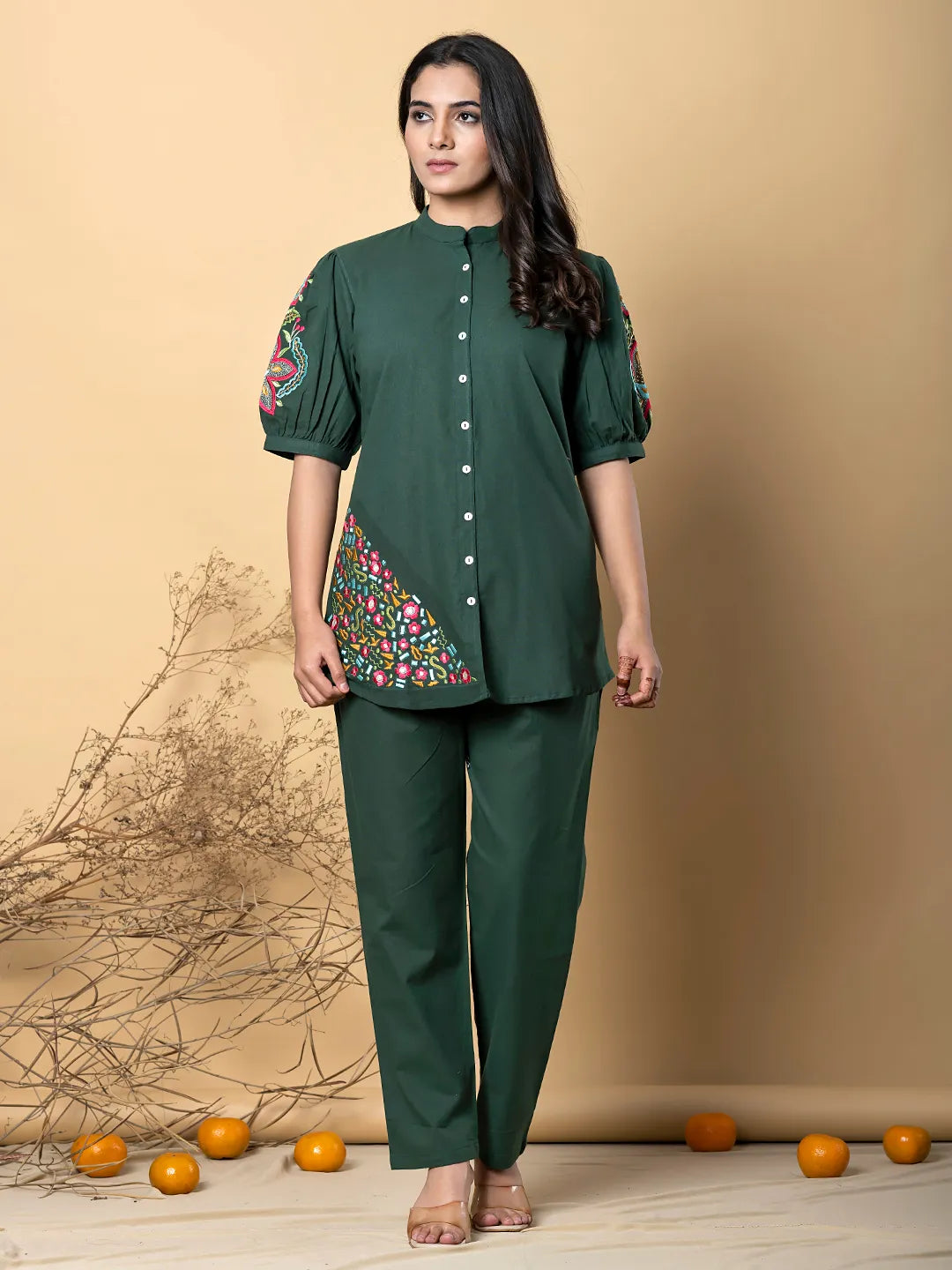 Green Cotton Co-Ords with Embroidery