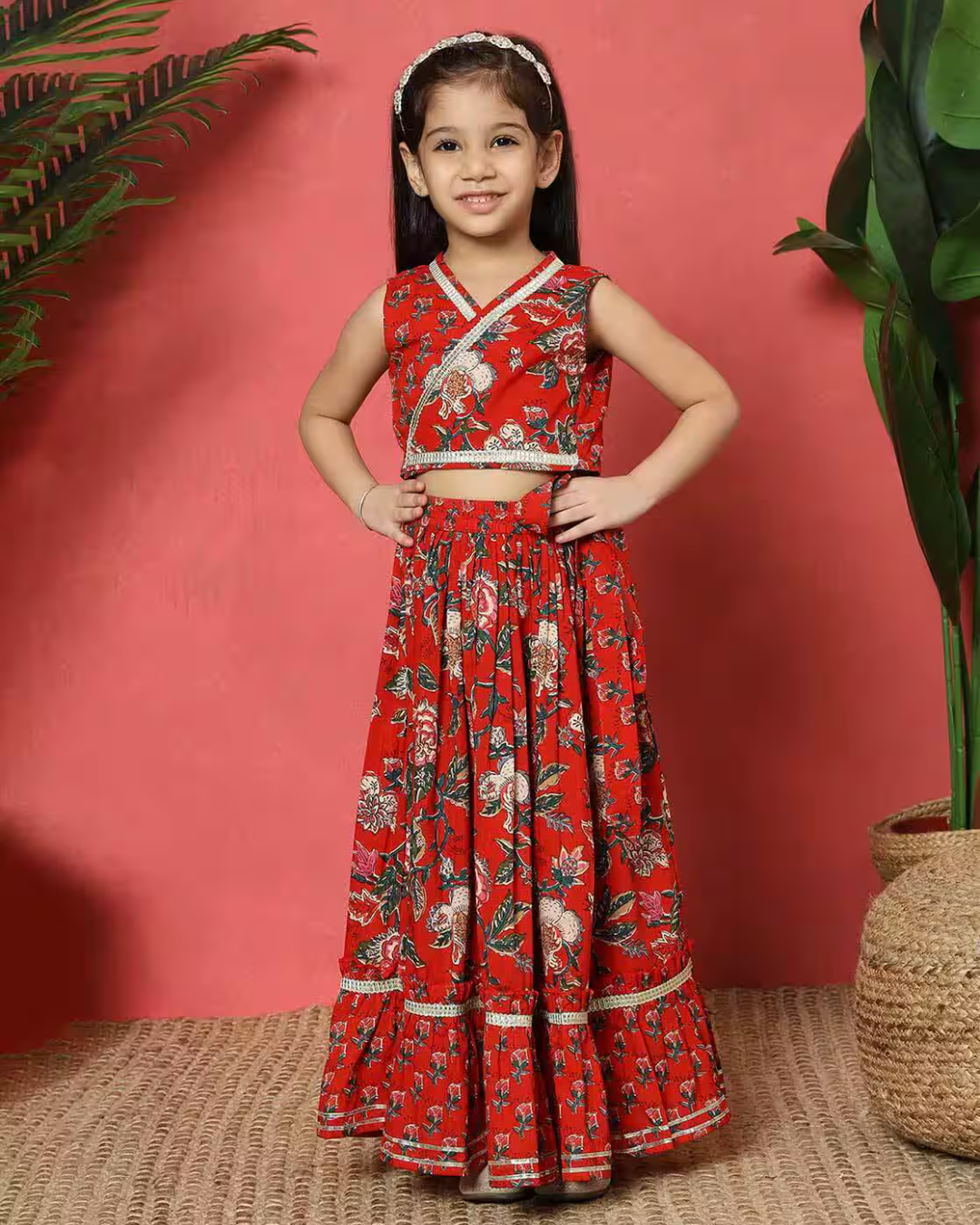 Red Floral Lehenga Choli Set Wrap Style Sleeveless Design